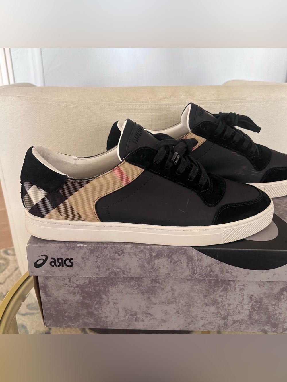 Burberry Reeth Low Sneakers Black Vintage Check Suede Mens 43.5 US 10.5